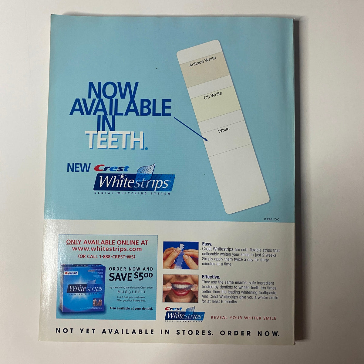 Crest Whitestrips advertisement showcasing a teeth whitening system, highlighting ease of use and effectiveness. Featured in the Muscle & Fitness Magazine November 2000 issue with Carol Grow and Bill Davey on the cover.