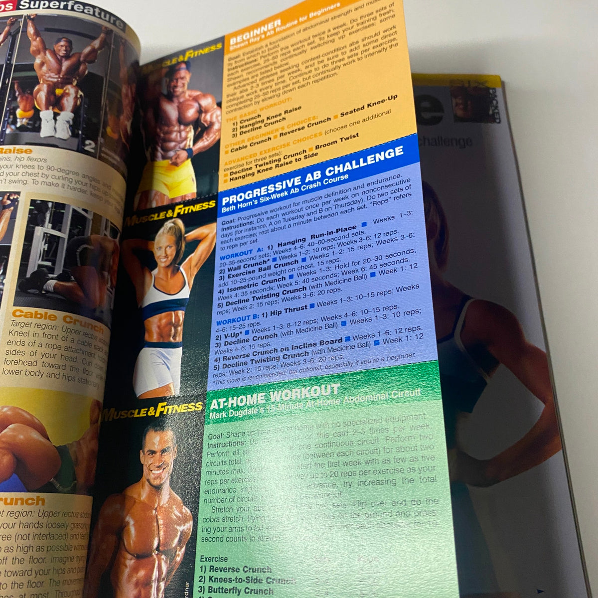 Pages from Muscle & Fitness Magazine May 2001, showcasing a Progressive Ab Challenge workout with detailed exercises. Included is the title, 'Muscle & Fitness Magazine May 2001 Kim Chizevsky Feature No Label VG'.