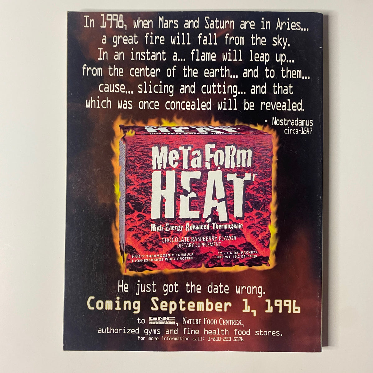 Back cover advertisement for 'MetaForm Heat' high energy advanced thermogenic supplement featured in Muscle & Fitness Magazine October 1996 issue, highlighting its benefits and promotional details.