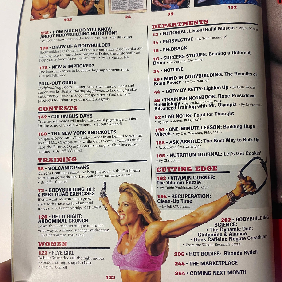 Page from Muscle & Fitness Magazine March 1998 Vol 59 No. 3 detailing bodybuilding contests and fitness tips.