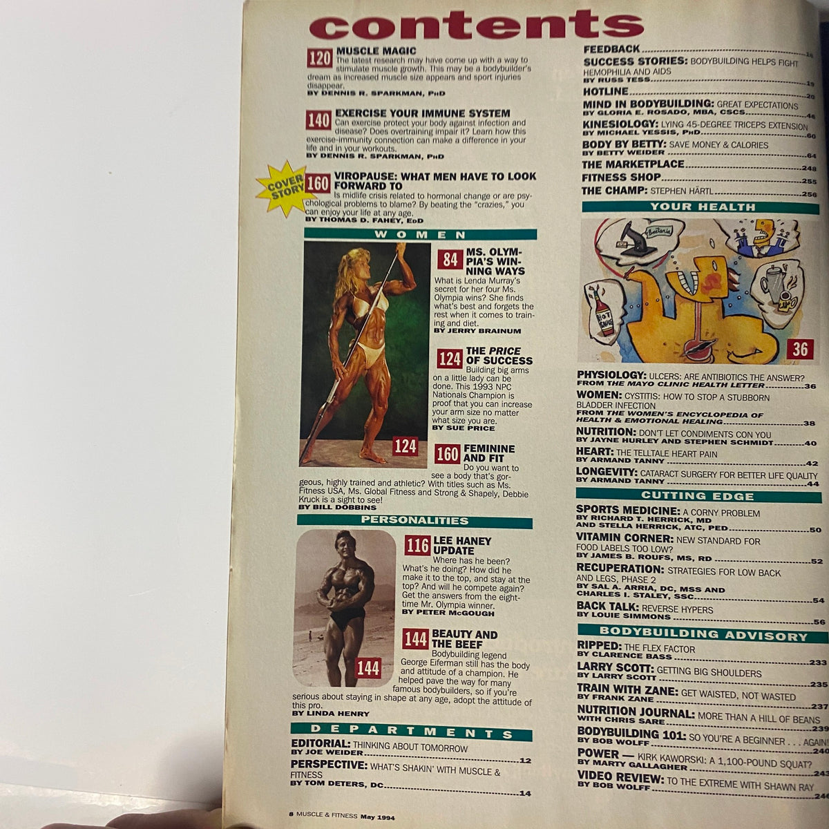 Continued contents page from Muscle & Fitness Magazine May 1994 displaying sections on women in fitness, personal stories, and expert advice.