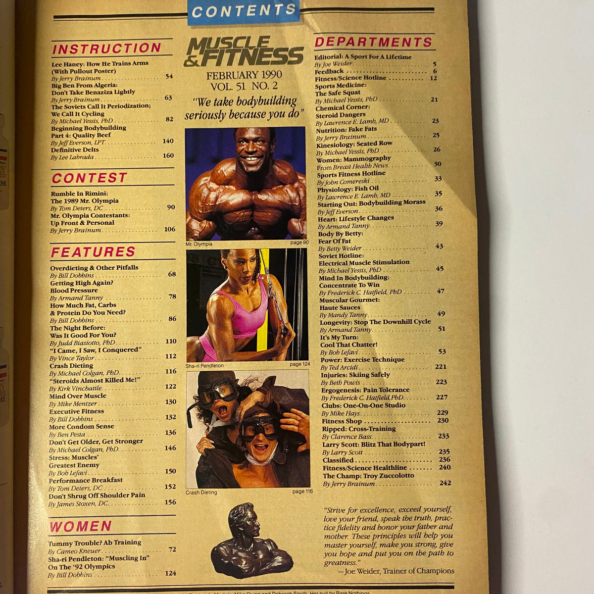 Table of contents page for Muscle & Fitness Magazine February 1990, listing articles on bodybuilding instruction, contest coverage, and specialized fitness features.
