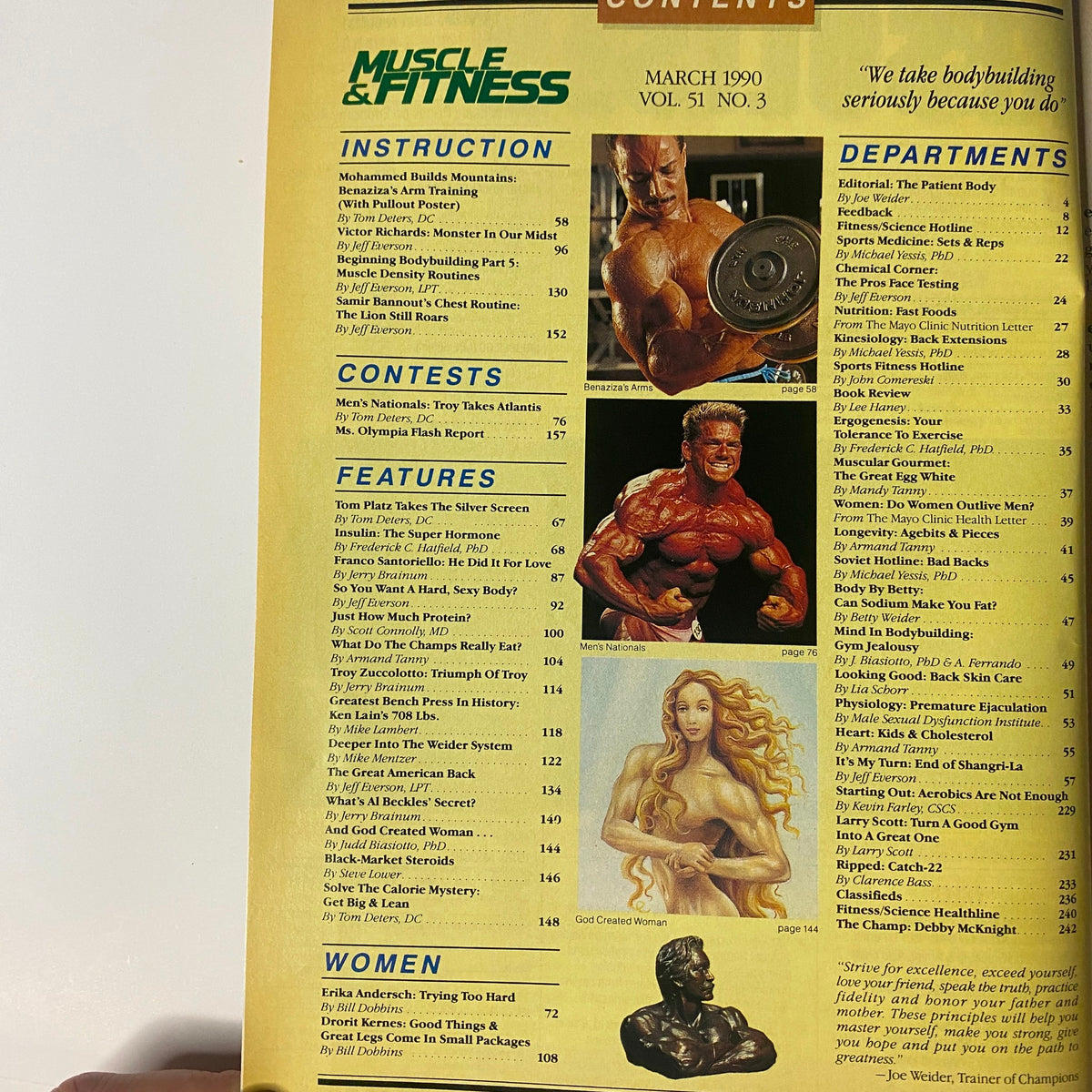 Table of contents from the Muscle & Fitness Magazine March 1990 issue featuring articles on bodybuilding instructions, contests, and features including Mohammed Benaziza and Tom Platz.