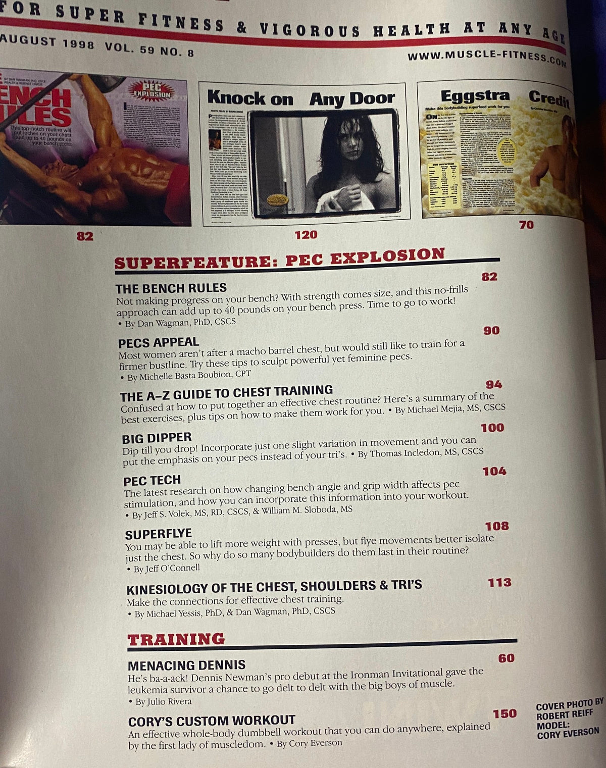 Muscle & Fitness Magazine August 1998 Vol 59 No. 8 featuring content highlights including 'Knock on Any Door' and 'The A-Z Guide to Chest Training' with photos and articles related to bodybuilding and fitness.