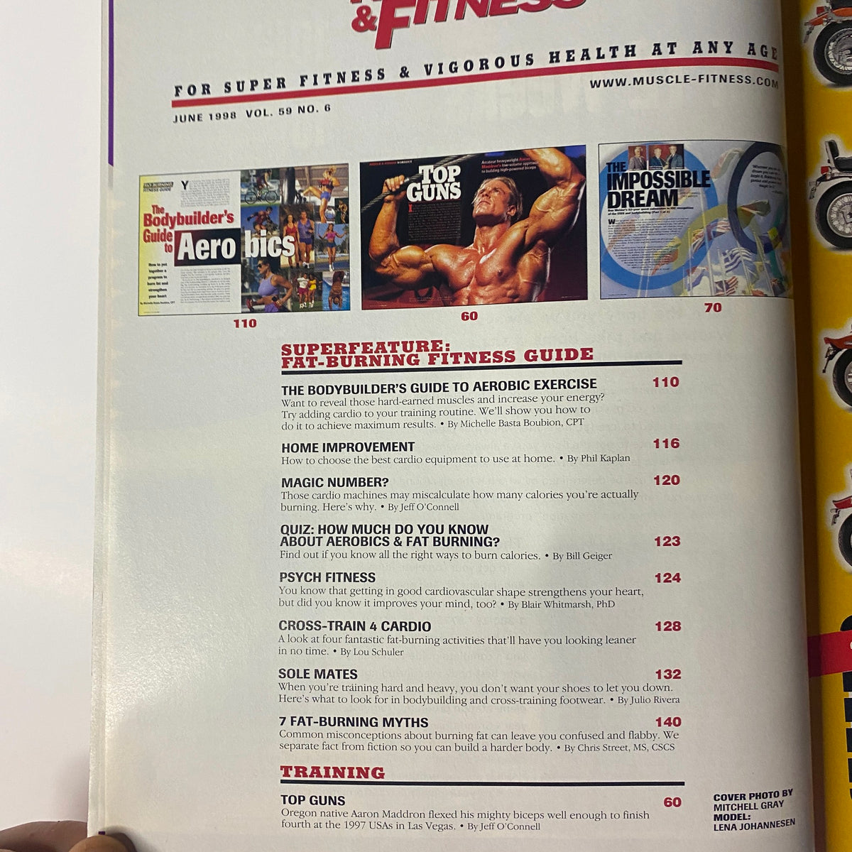 Inside page of Muscle & Fitness Magazine June 1998 Vol 59 No. 6 highlighting fat-burning fitness guides and exercise advice.