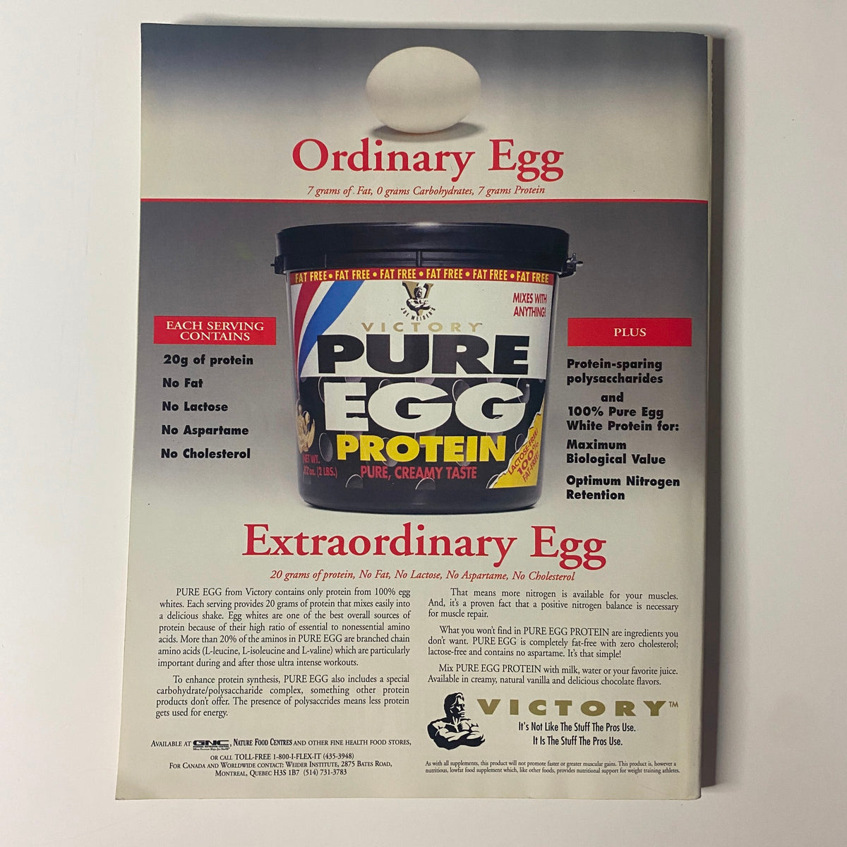 Muscle & Fitness Magazine June 1996 Vol 57 No. 6 advertisement for Victory Pure Egg Protein, highlighting its high protein content and nutritional benefits.