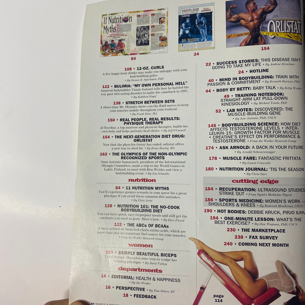 Another contents page from Muscle & Fitness Magazine January 1998, Volume 59, Number 1, listing articles on nutrition myths and other fitness-related topics.