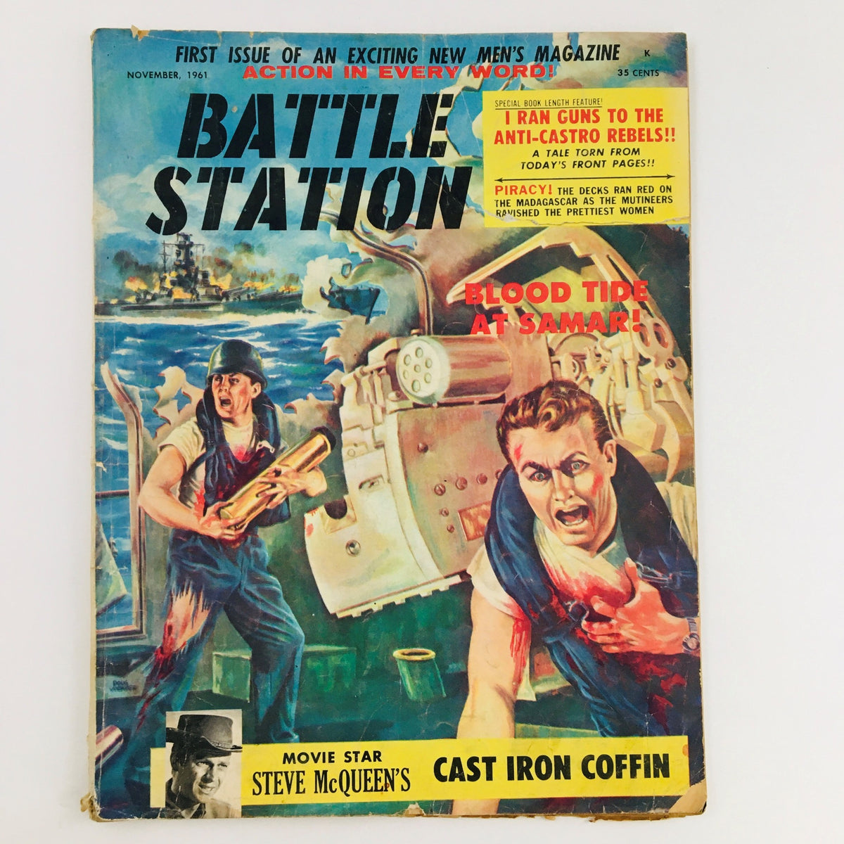 Cover of Battle Station Magazine November 1961 featuring Steve McQueen's Cast Iron Coffin, showcasing vibrant artwork and action-themed imagery.