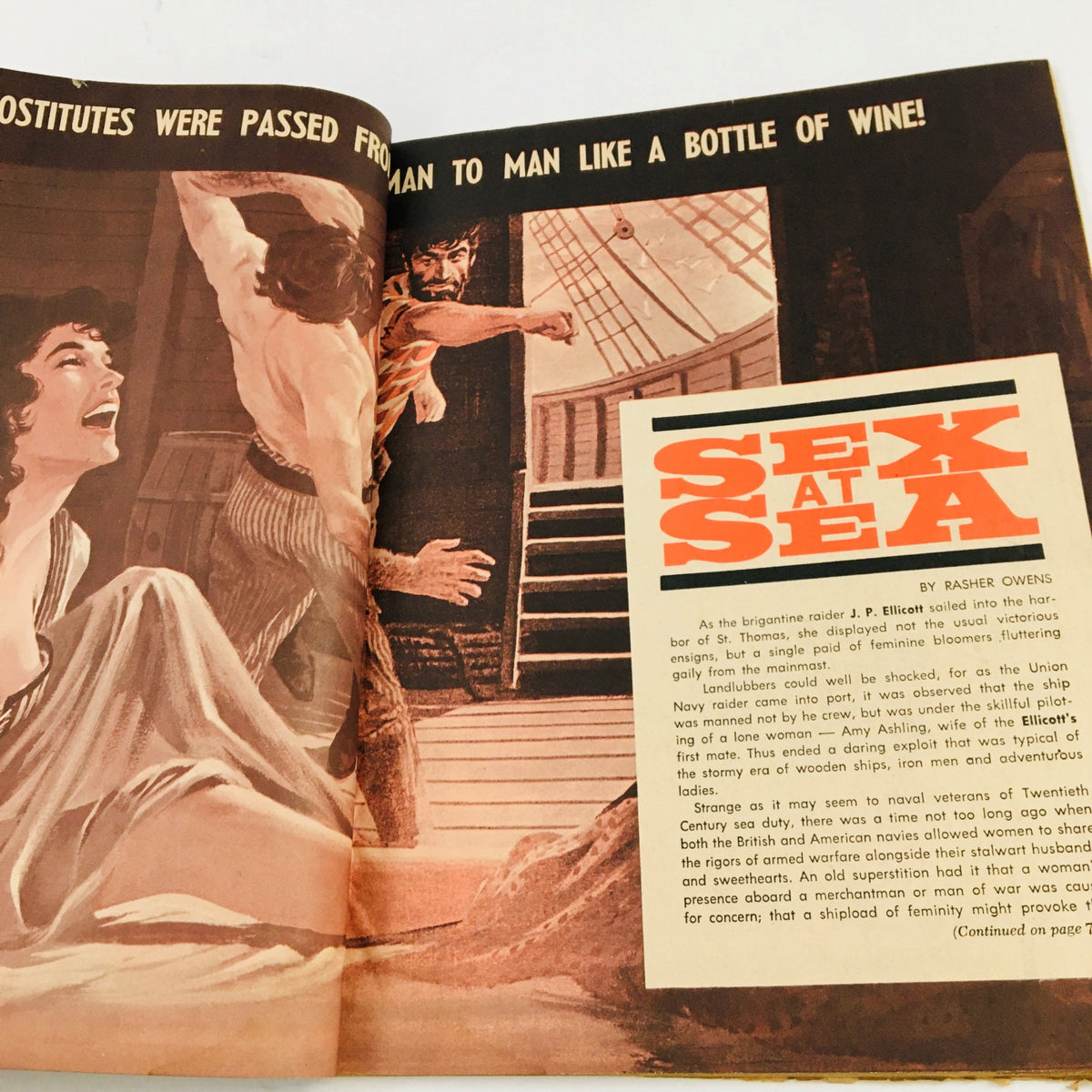 Page from Battle Station Magazine November 1961 showcasing an article titled 'Sex at Sea' with dramatic illustrations.