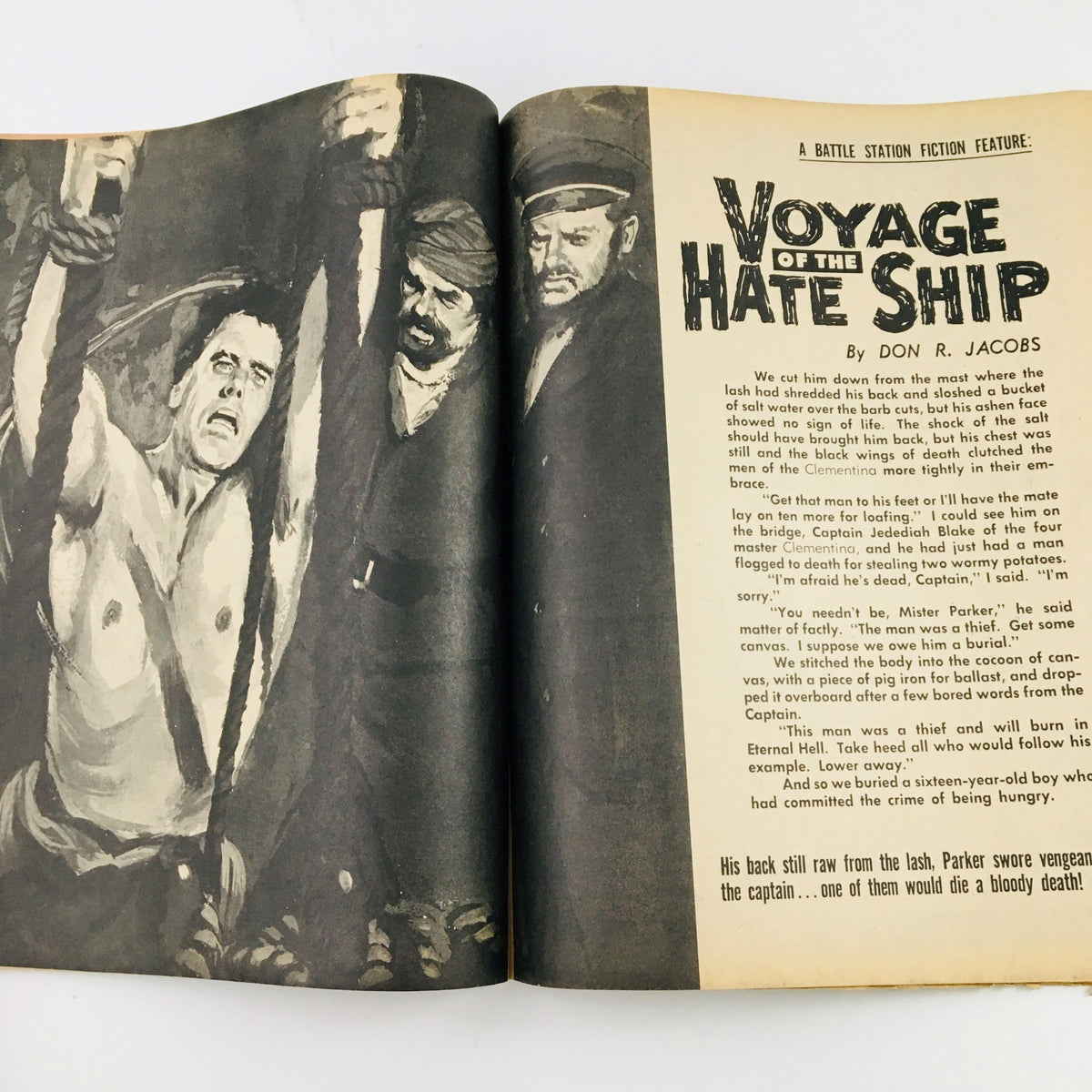 Interior page of Battle Station Magazine November 1961 featuring the fiction story 'Voyage of the Hate Ship' by Don R. Jacobs, showcasing dramatic black-and-white illustrations of characters.