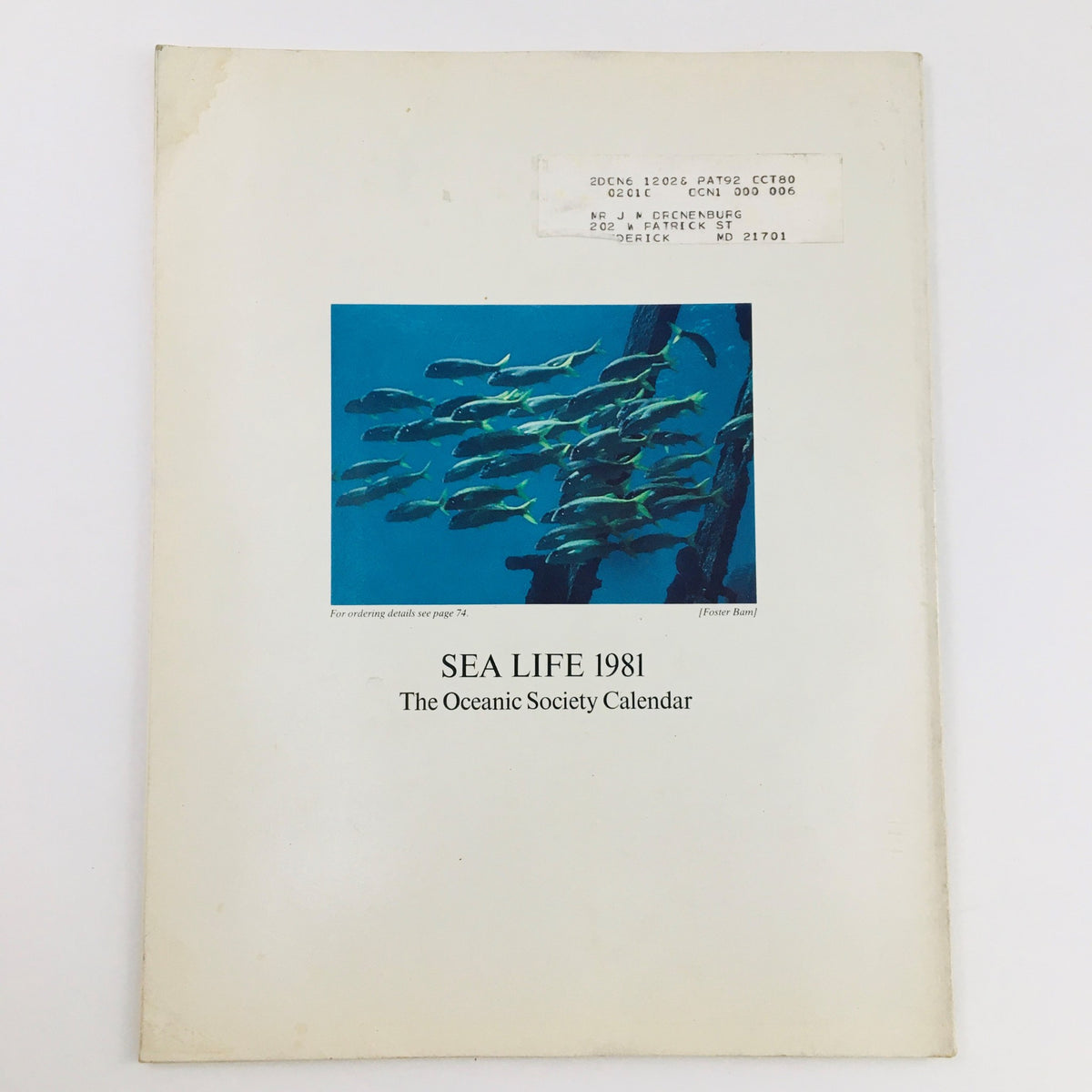 Cover of the Sea Life 1981 calendar by the Oceanic Society featuring schools of fish, promoting marine awareness and conservation.