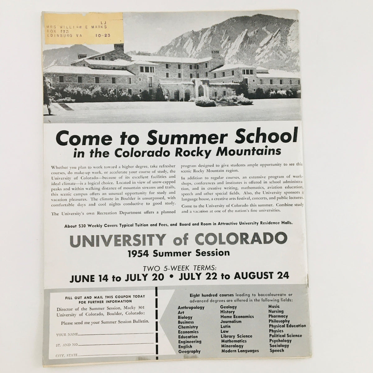 Advertisement for Summer School at the University of Colorado from NEA Journal Magazine March 1954 Vol. 43 No. 3, promoting educational opportunities in the Rocky Mountains.