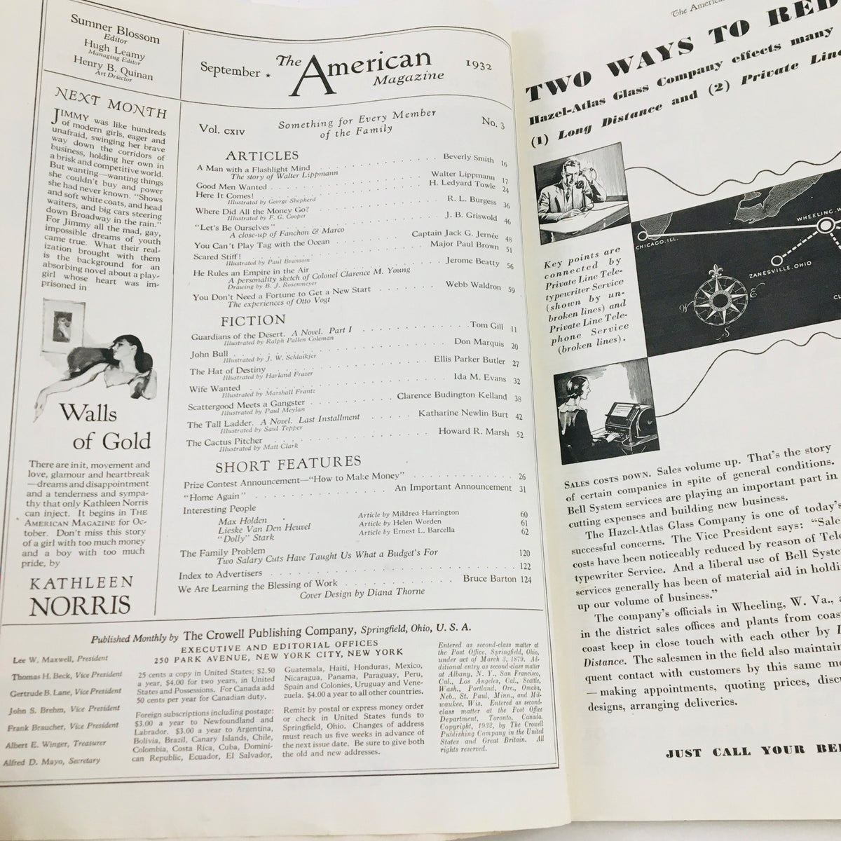 Interior page of The American Magazine September 1932 displaying contents, including an article by Walter Lippmann titled 'Man with A Flashlight Mind.'
