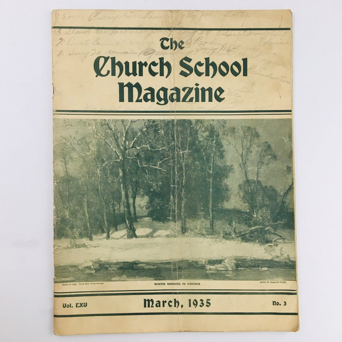 Cover of The Church School Magazine March 1935 featuring the title and an illustration titled 'Winter Morning in Virginia.' The design showcases vintage typography and natural scenery.