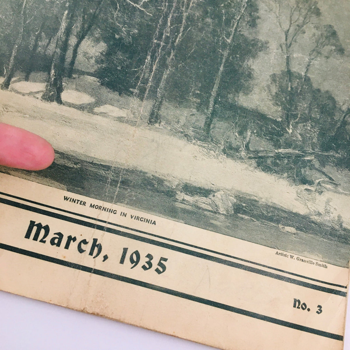 Cover detail of The Church School Magazine March 1935, featuring the artwork titled 'Winter Morning in Virginia'.