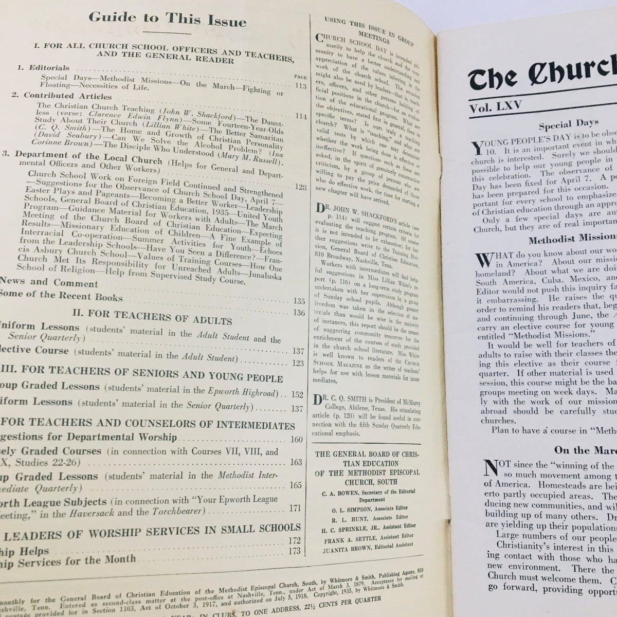 Guide to this issue page from The Church School Magazine March 1935, listing editorial and teaching resources.