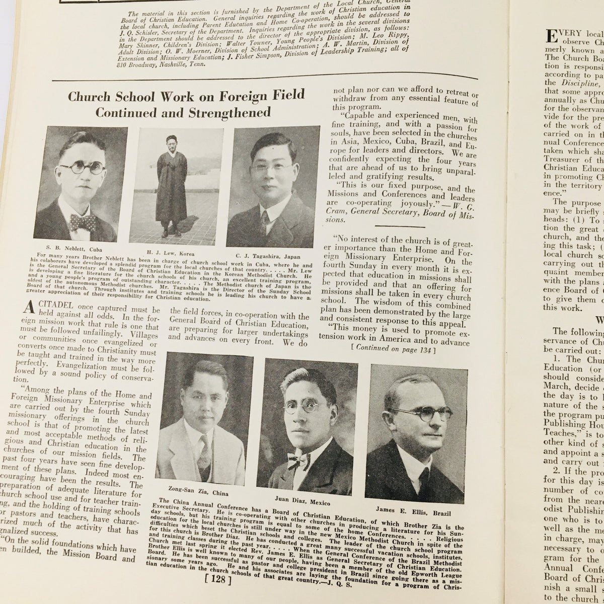 An article titled 'Church School Work on Foreign Field Continued and Strengthened' from The Church School Magazine March 1935, featuring historical photos of missionaries.