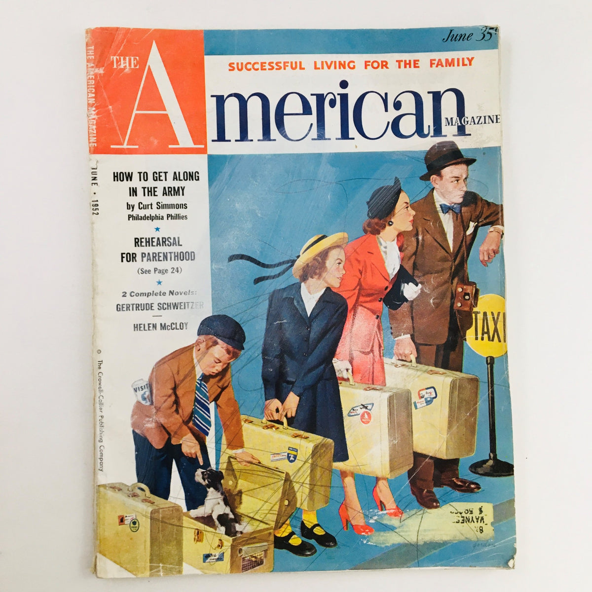 Cover of The American Magazine, June 1952, featuring the title 'How To Get Along In The Army' by Curt Simmons, depicting four individuals with suitcases and a small dog at a taxi stand.