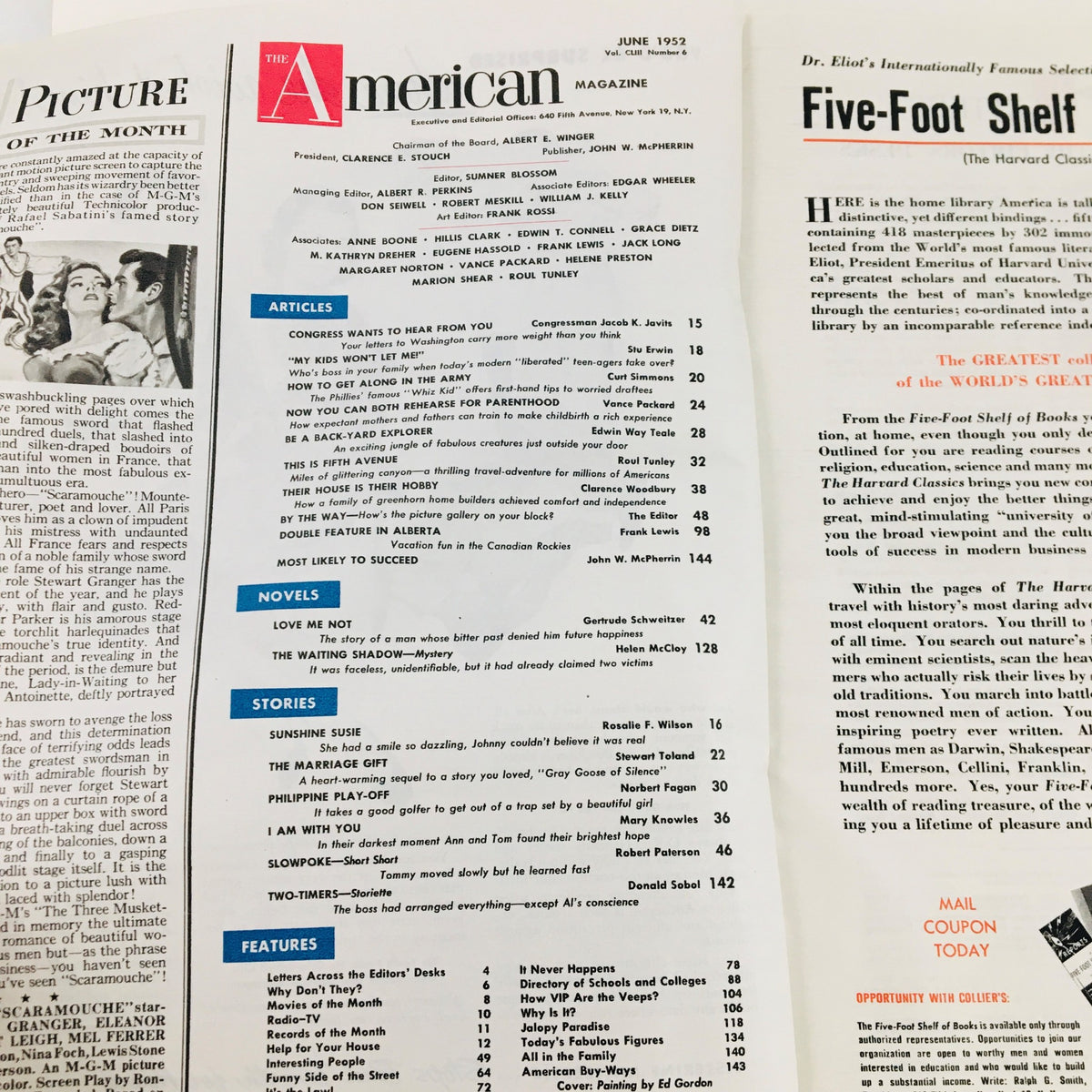 Table of contents featuring various articles listed in The American Magazine June 1952, including How To Get Along In The Army by Curt Simmons.