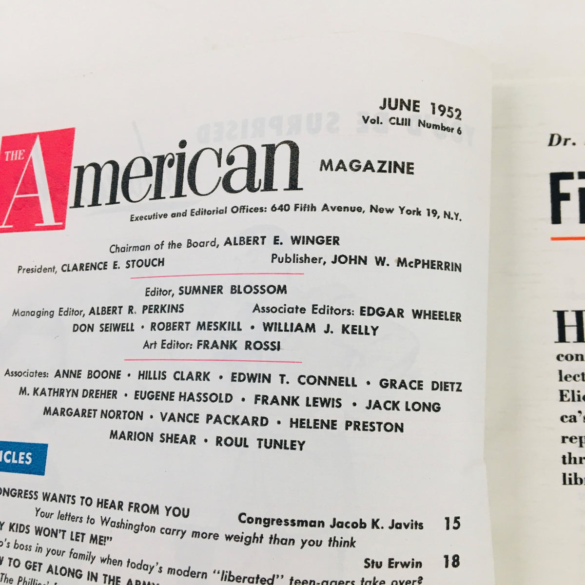 Editorial page of The American Magazine June 1952 detailing the contributors and articles, including How To Get Along In The Army by Curt Simmons.