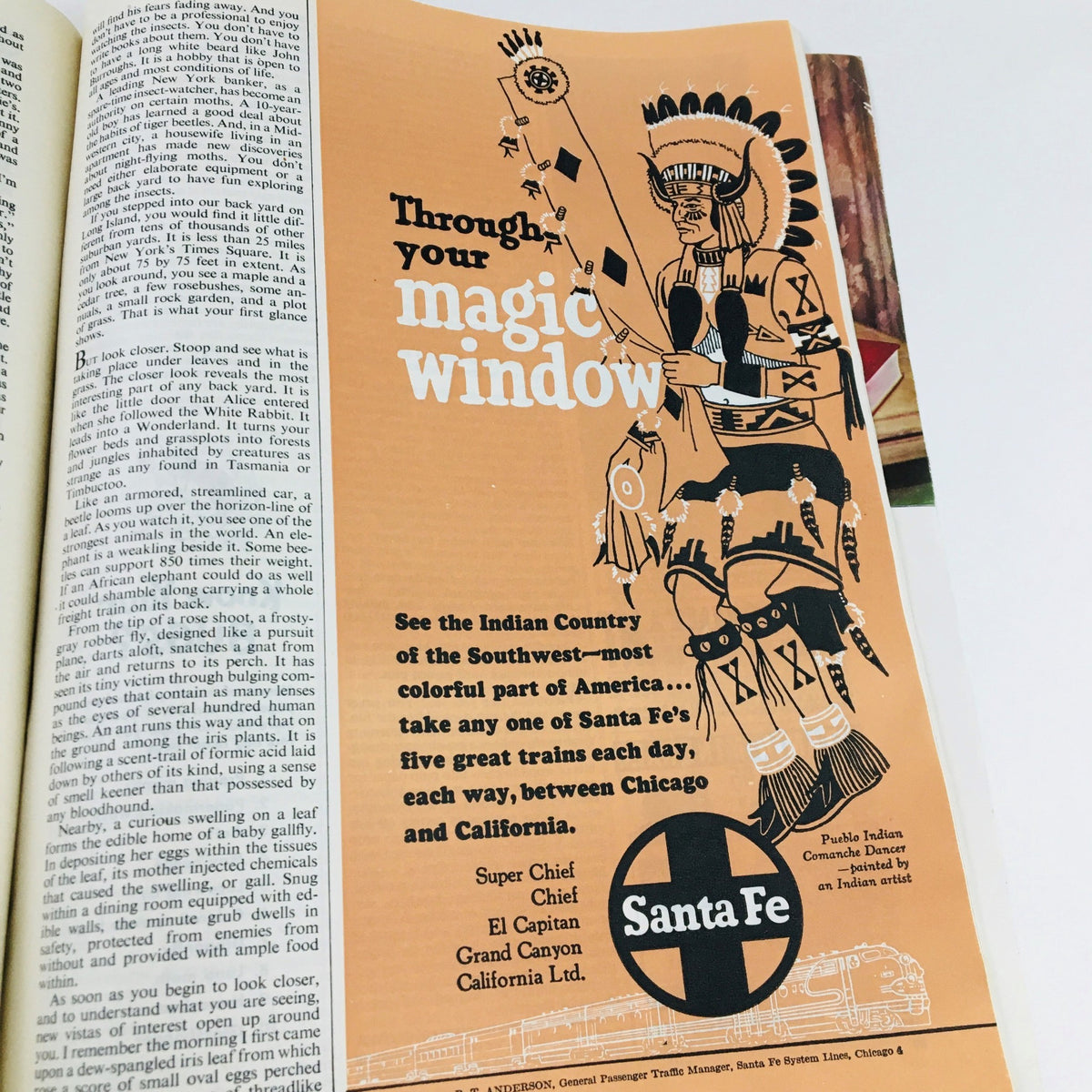 The American Magazine June 1952, How To Get Along In The Army by Curt Simmons, displaying a vintage advertisement for Santa Fe train routes to the Southwest, featuring Native American art.