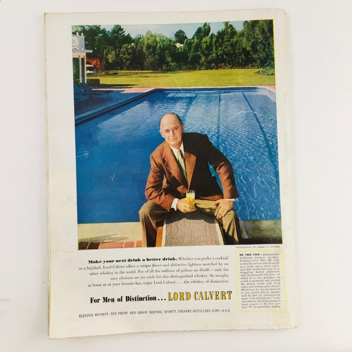 The American Magazine June 1952 featuring an advertisement for Lord Calvert whiskey, highlighting a man in a suit sitting by a swimming pool with a drink, illustrating vintage lifestyle and leisure.