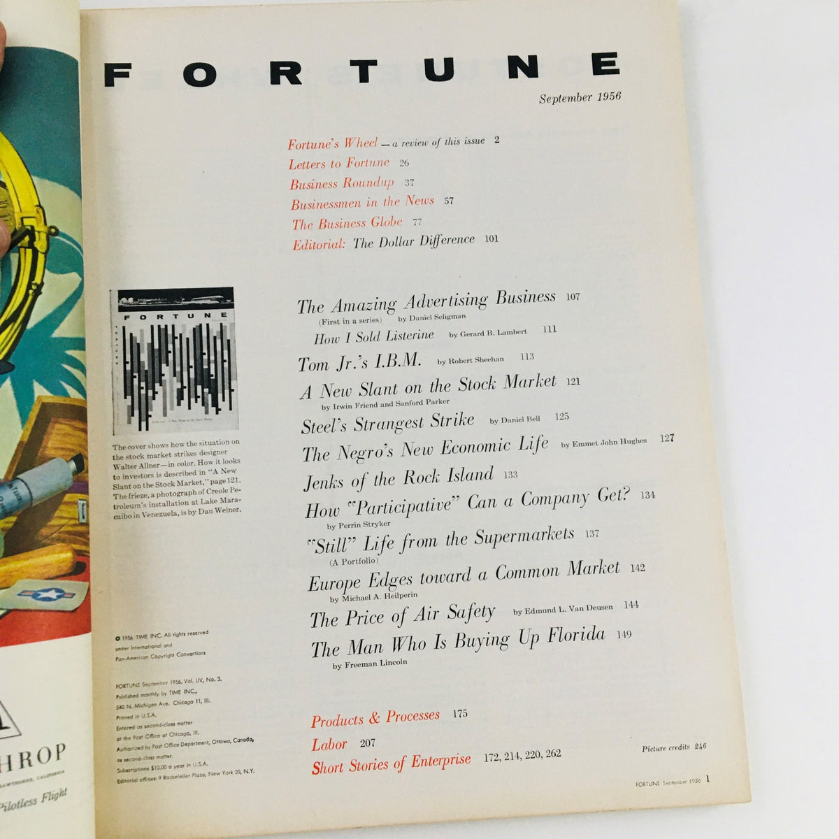 Interior page of Fortune Magazine September 1956 featuring the table of contents, highlighting articles including 'A New Slant on the Stock Market,' with the Fortune logo prominently displayed.