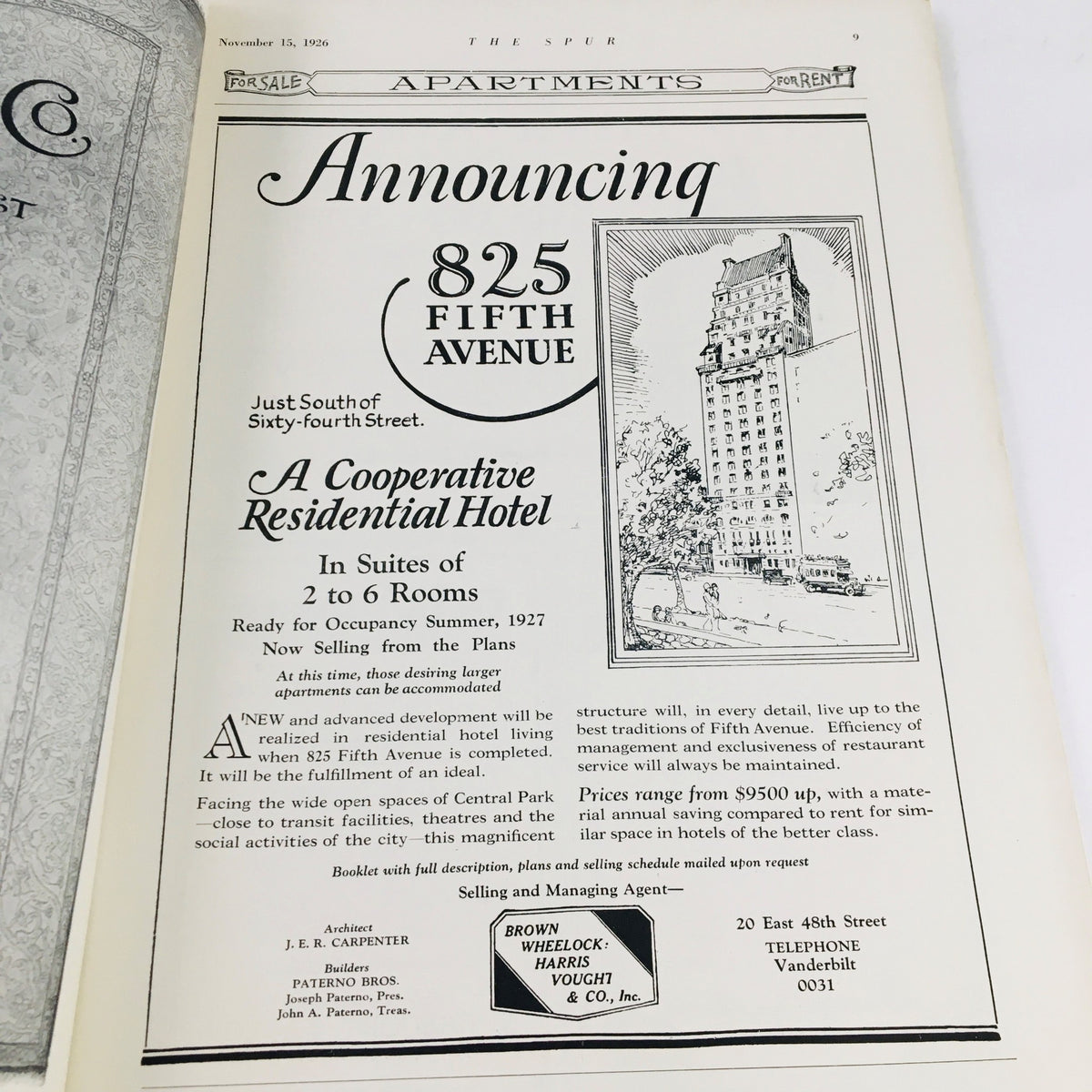 VTG The Spur Magazine November 15 1926 advertisement for residential apartments at 825 Fifth Avenue with features and contact information.