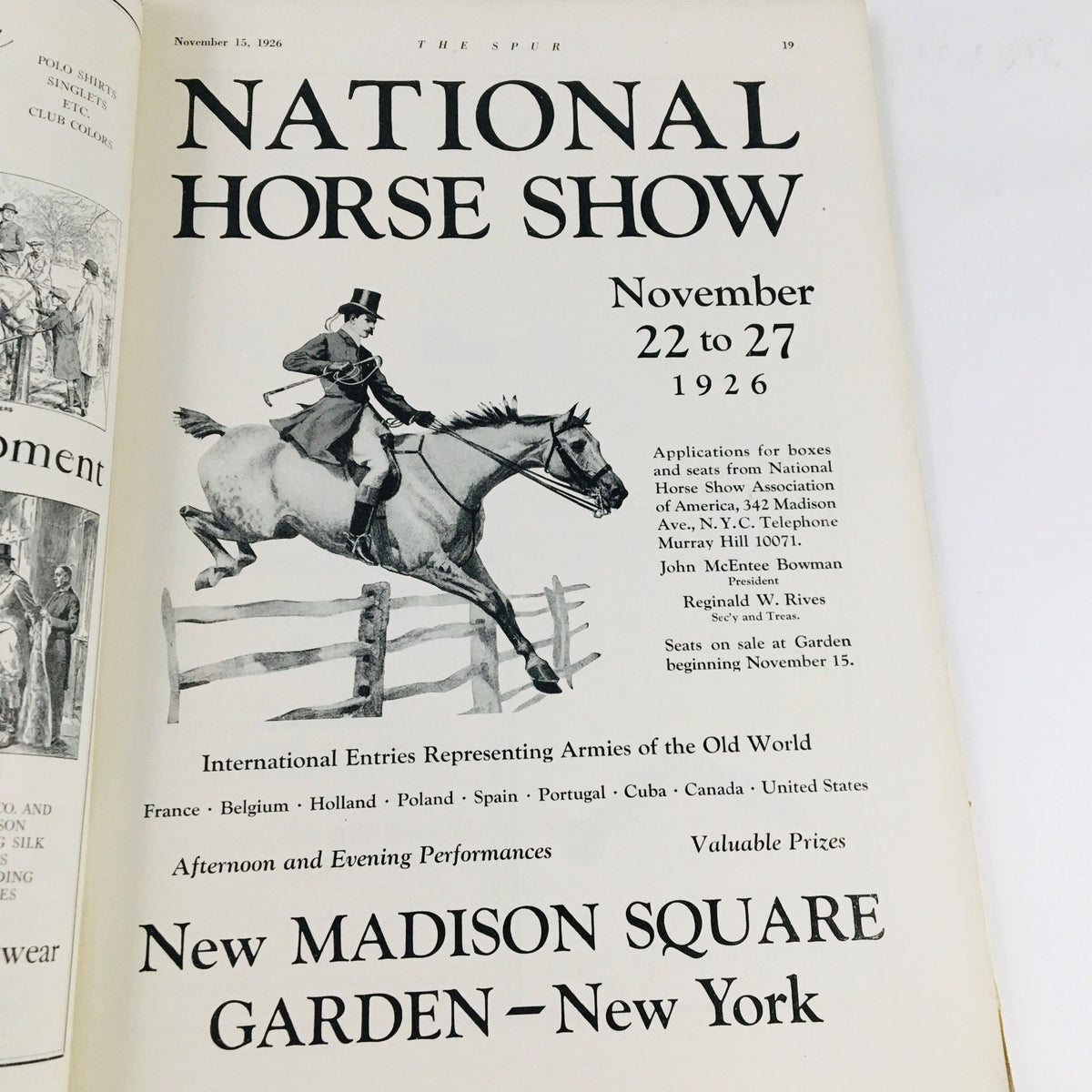 VTG The Spur Magazine November 15 1926 page featuring the National Horse Show announcement with event dates and details.