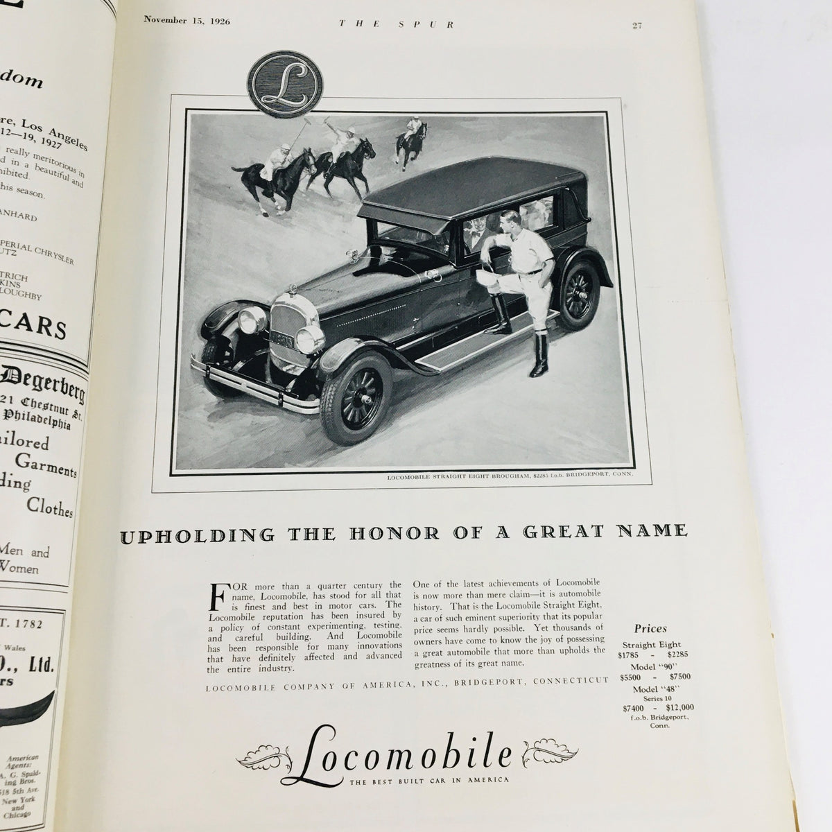 VTG The Spur Magazine November 15 1926 featuring a vintage advertisement for Locomobile cars, showcasing a classic automobile with a gentleman standing beside it.