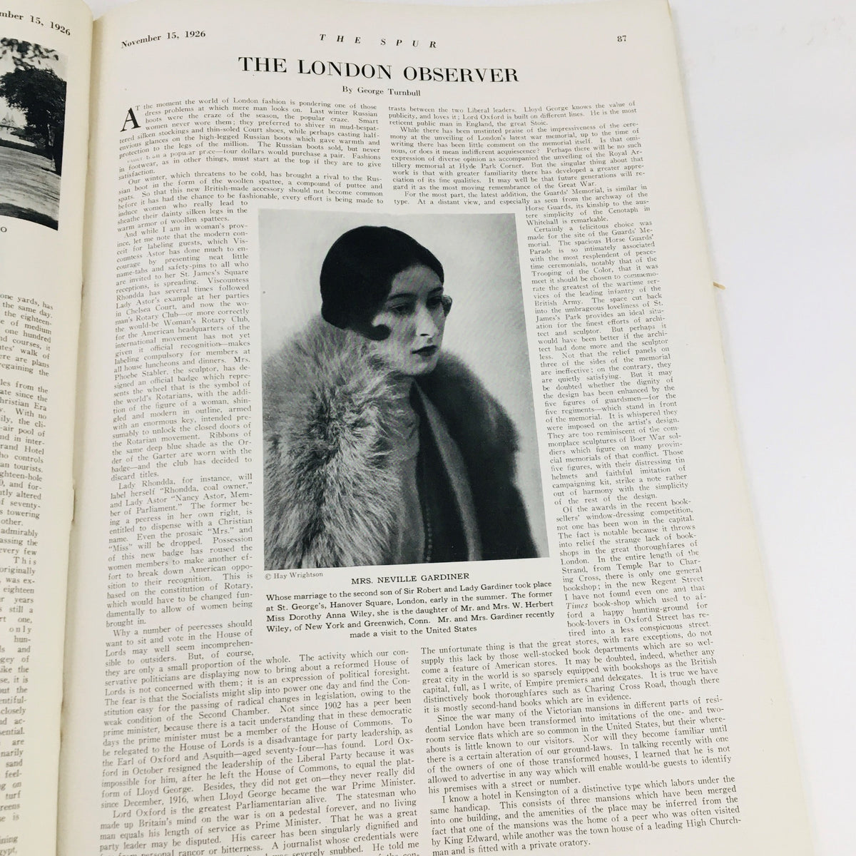 VTG The Spur Magazine November 15 1926 displaying an article titled 'The London Observer' with a portrait of Mrs. Neville Gardiner, highlighting her fashionable 1920s attire.