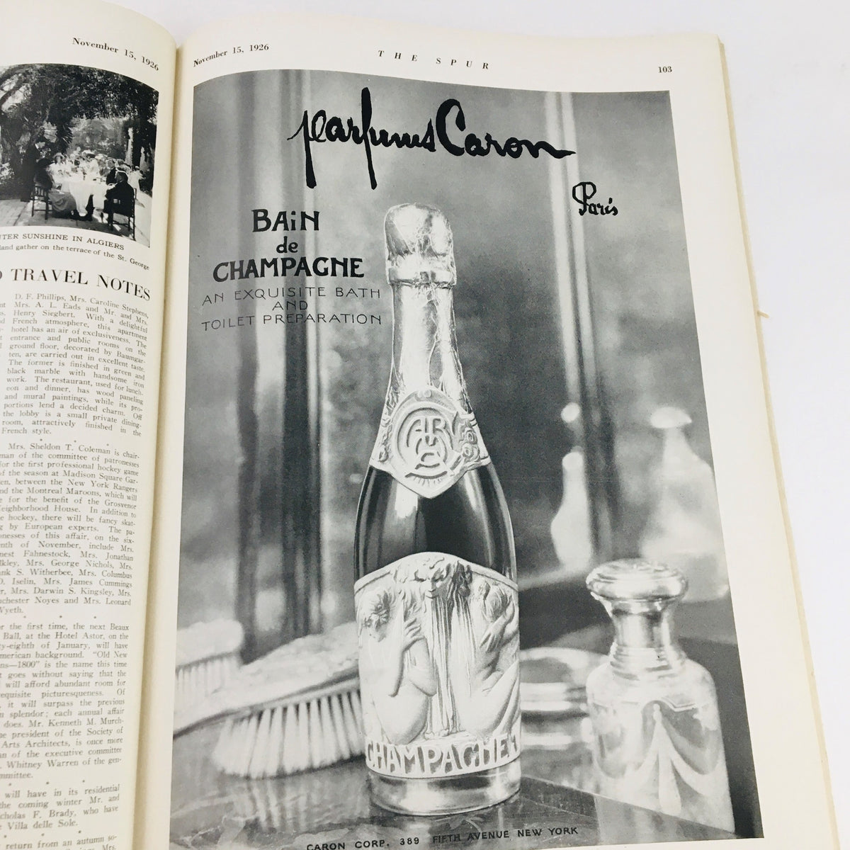 VTG The Spur Magazine November 15 1926 featuring an elegant advertisement for Caron's 'Bain de Champagne' perfume, illustrating a sophisticated vintage presentation.