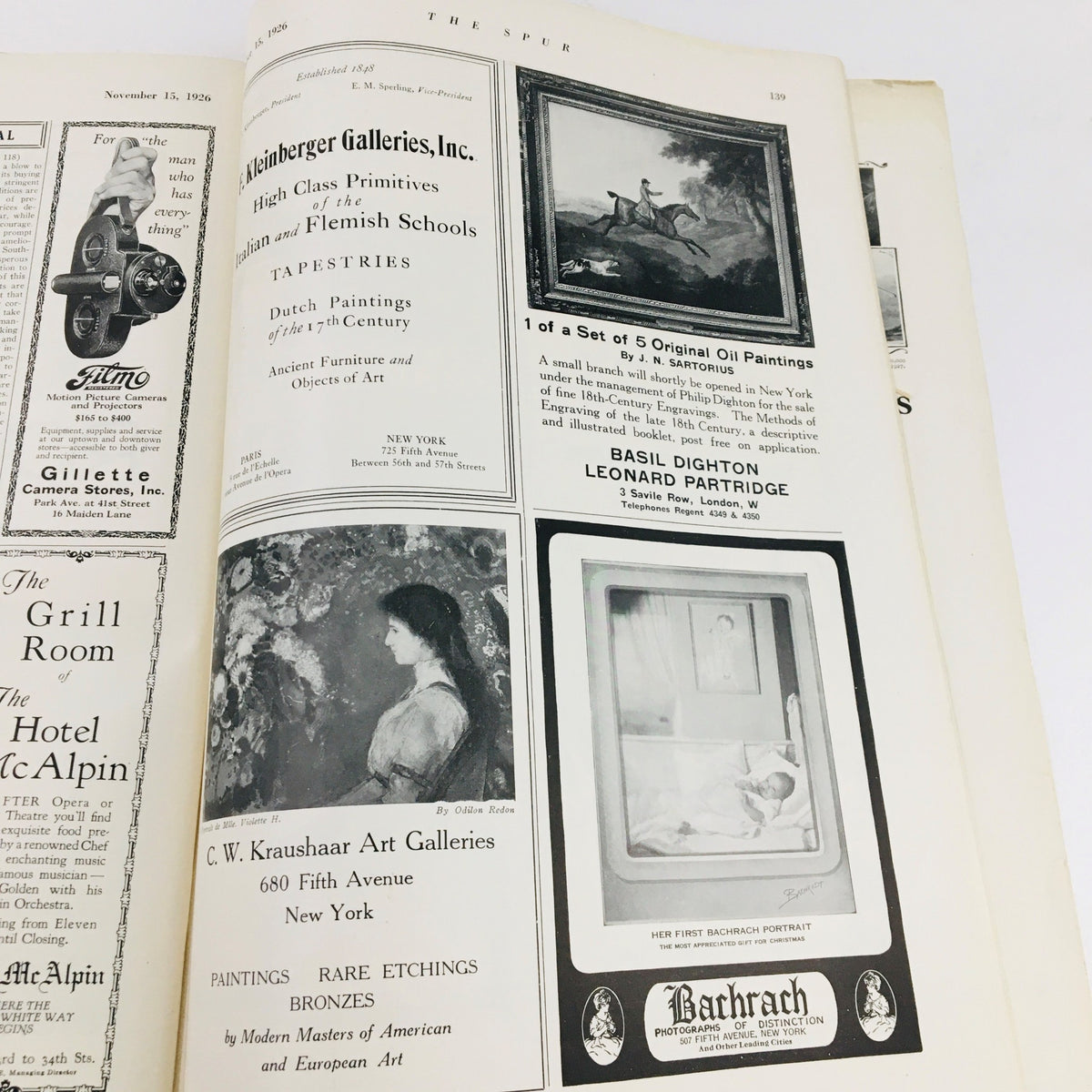 VTG The Spur Magazine November 15 1926 including a page from an art gallery advertisement, showcasing various paintings and art pieces available at the Klineberger Galleries.