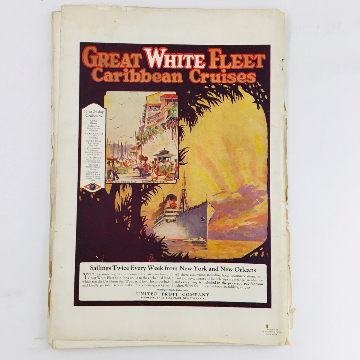 VTG The Spur Magazine November 15 1926 presenting an advertisement for Great White Fleet Caribbean Cruises, featuring a vibrant illustration of a cruise ship and travel destinations.