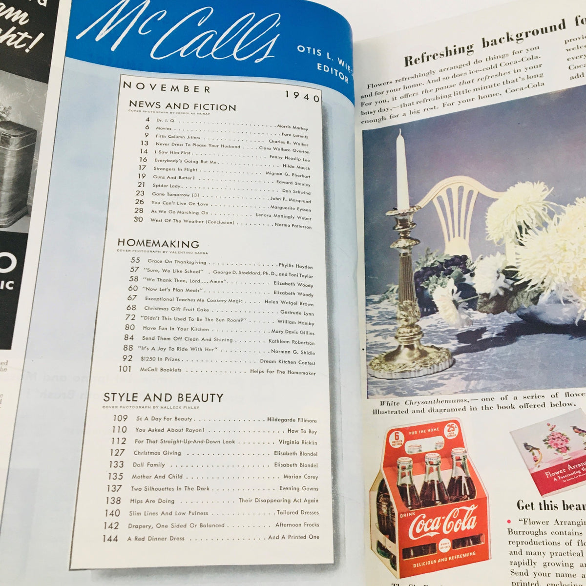 Interior page of the vintage McCall's Magazine from November 1940, displaying the contents table including features on news, fiction, homemaking, style, and beauty.