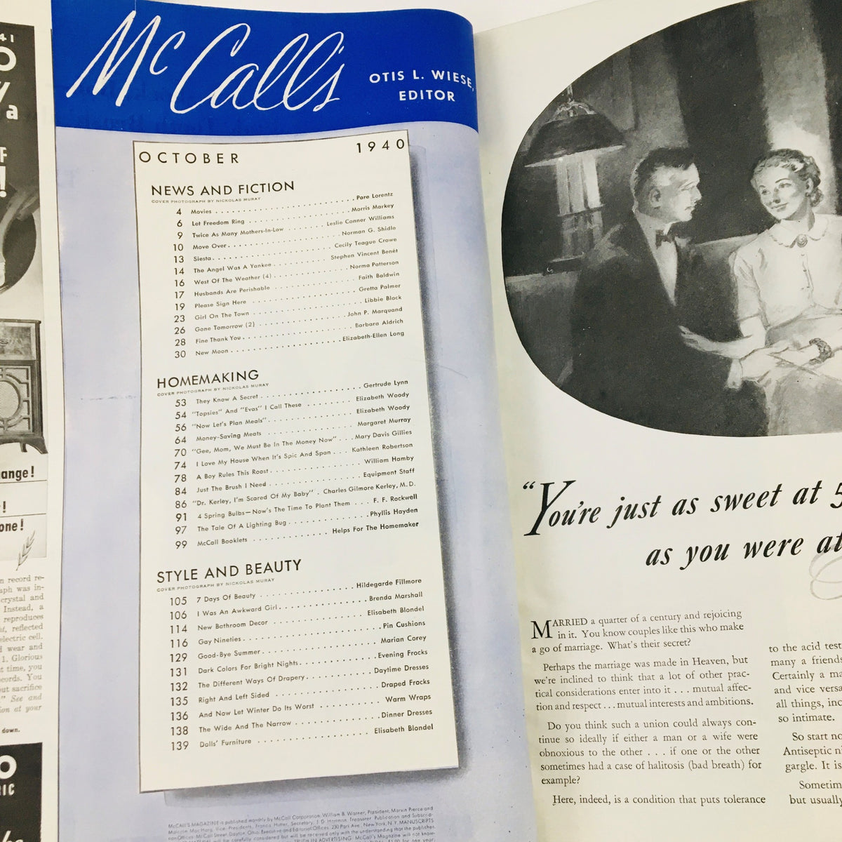 Interior page of VTG McCall's Magazine October 1940 displaying the table of contents and illustrations, highlighting topics such as homemaking and style, reflecting the historical context of the time.