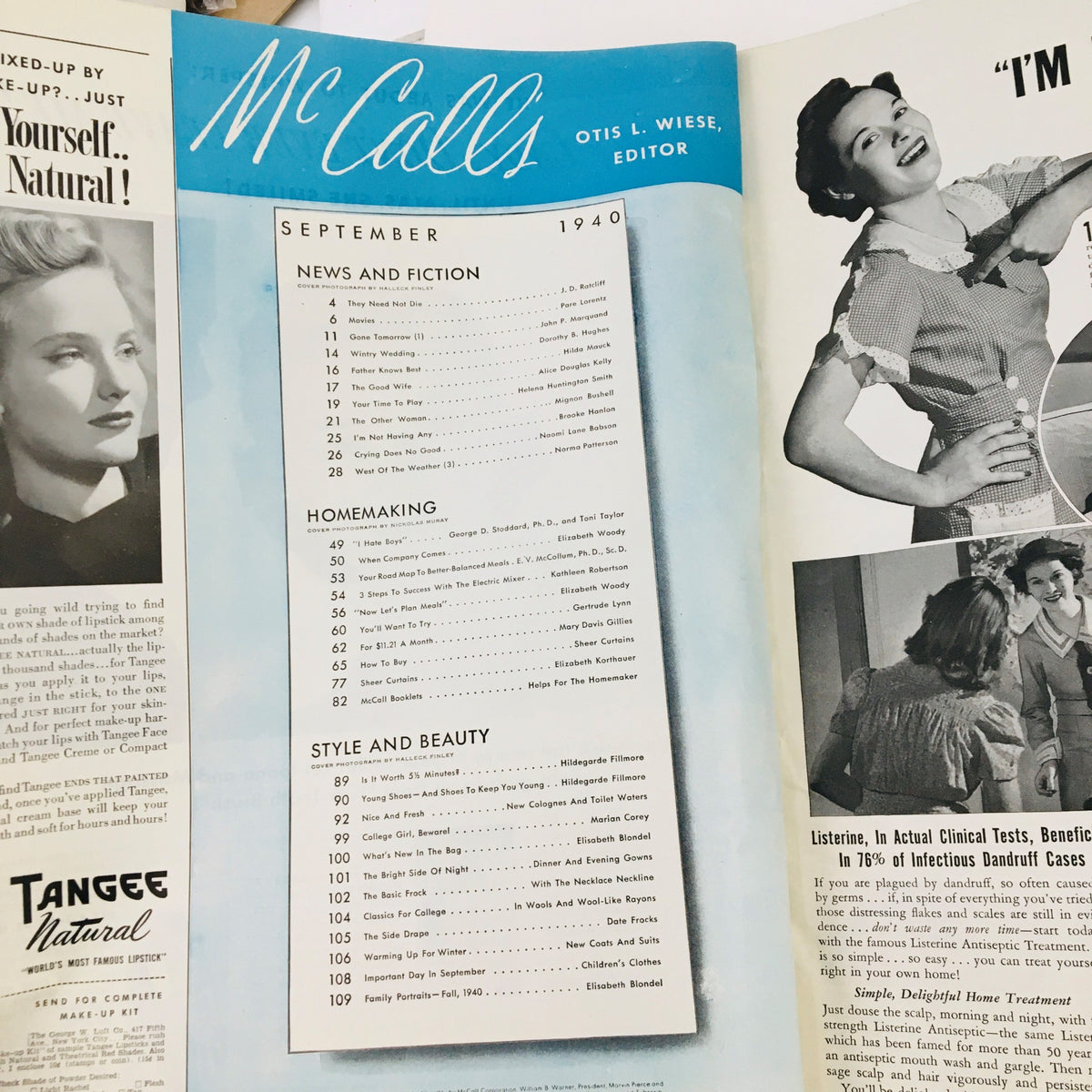 September 1940 McCall's Magazine featuring the table of contents with articles on marriage, homemaking, and beauty, highlighting societal norms of the 1940s.