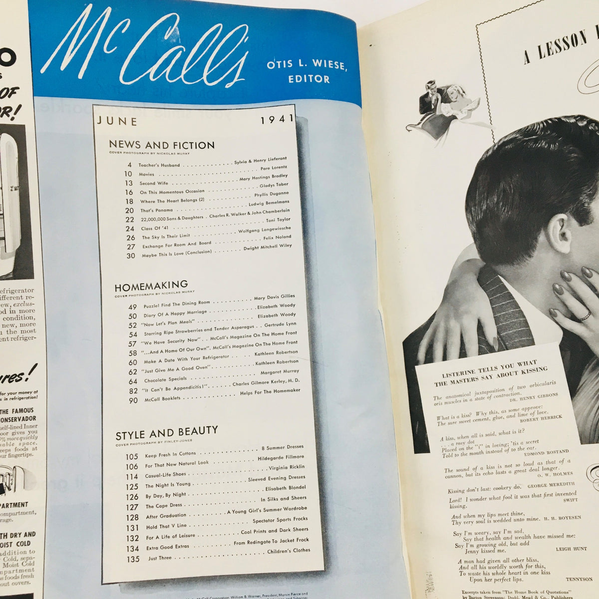 Inside page of VTG McCall's Magazine June 1941 showcasing the table of contents, with an overview of the featured articles and recipes.