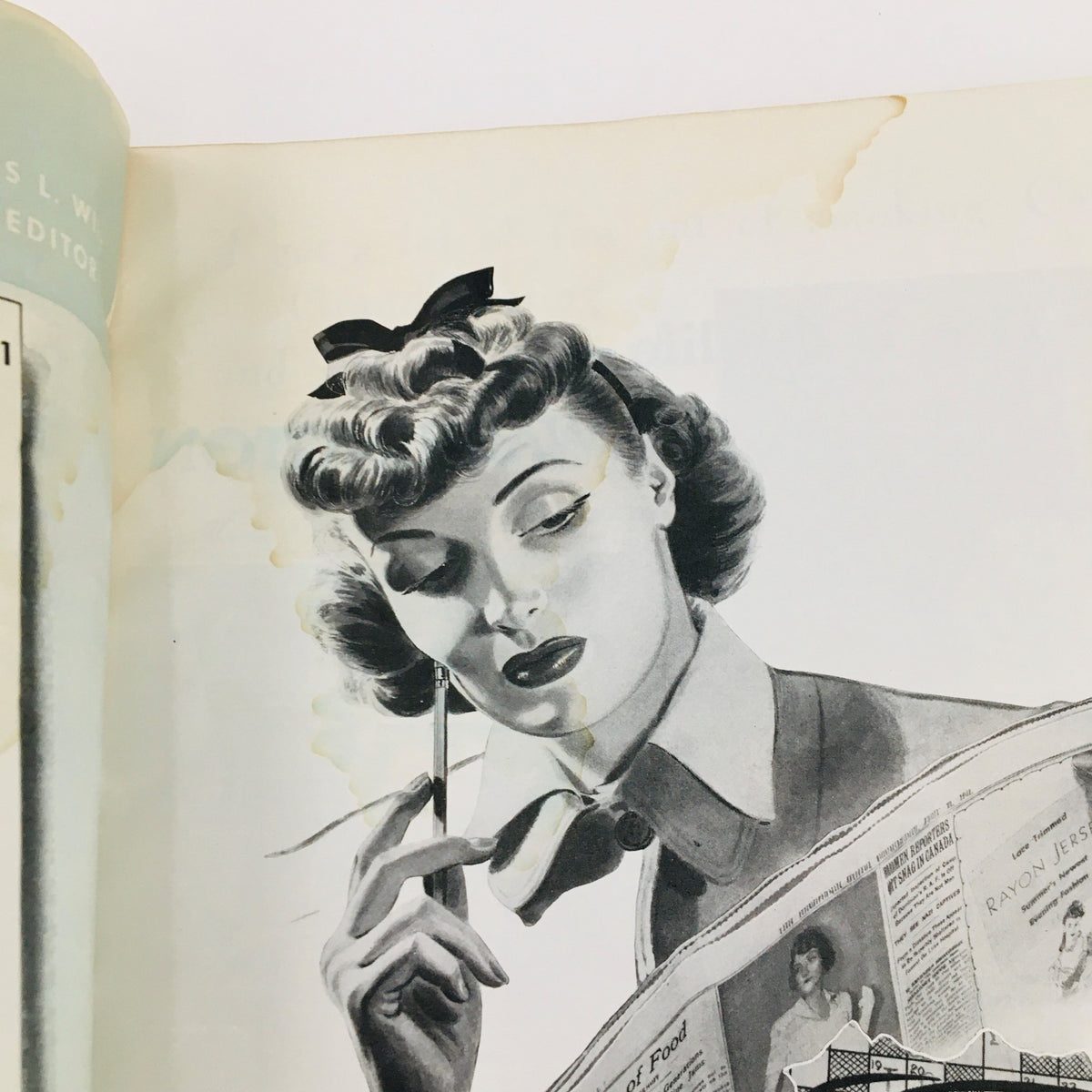 Illustration from VTG McCall's Magazine September 1941, depicting a woman thoughtfully engaged while reading a fashion-related article, representing the magazine's style.