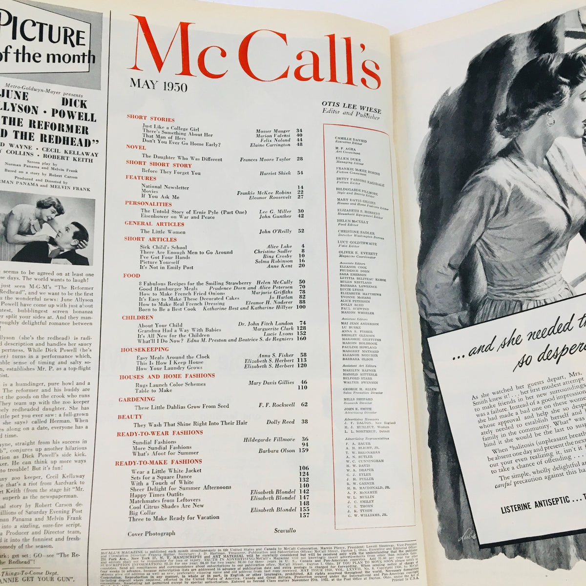 Inside view of the vintage McCall's Magazine from May 1950 featuring the table of contents, highlighting the article 'The Untold Story of Ernie Pyle (Part One)' among various short stories, features, and other content.