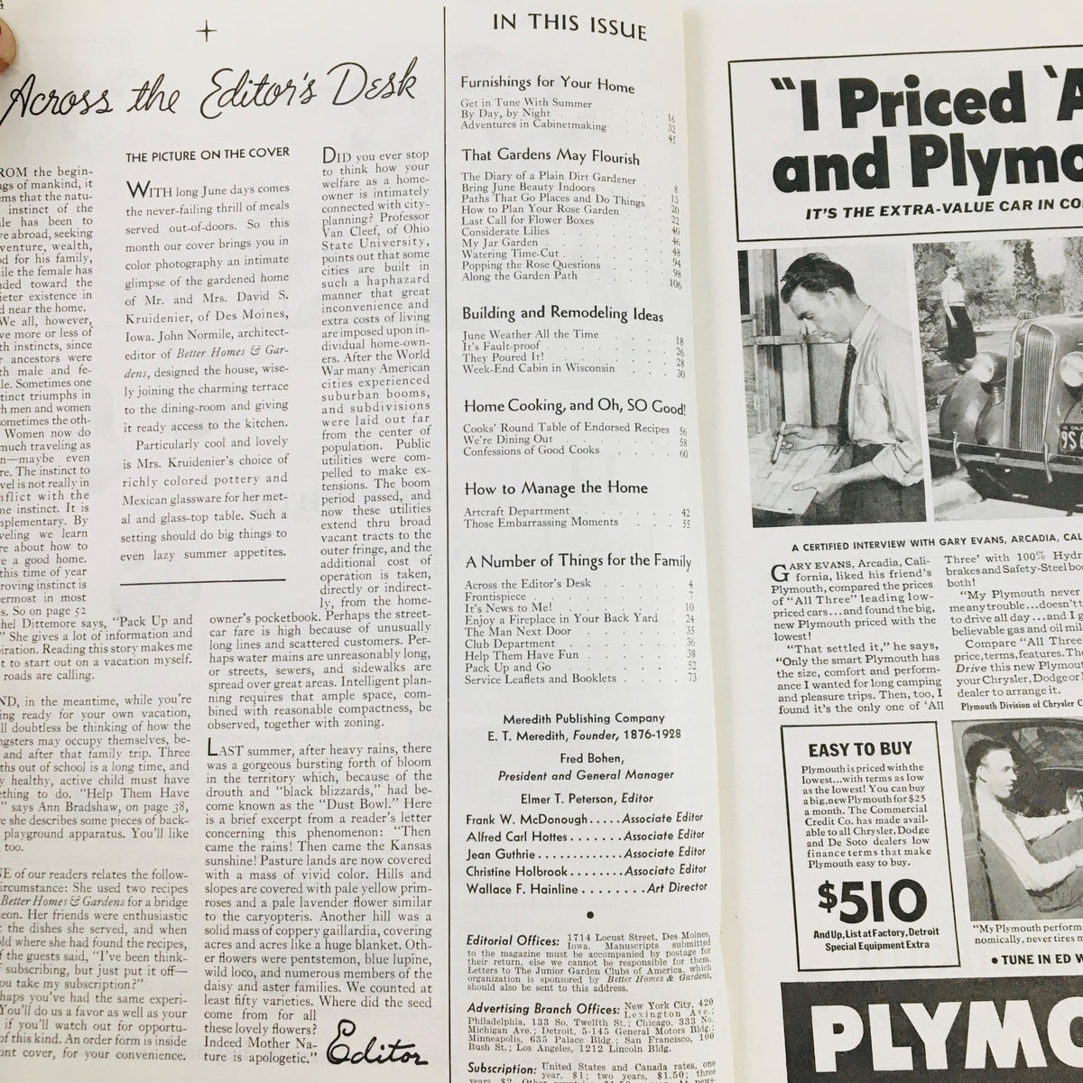 Inside spread of Better Homes & Gardens Magazine June 1936, showcasing articles and magazine layout from the era.