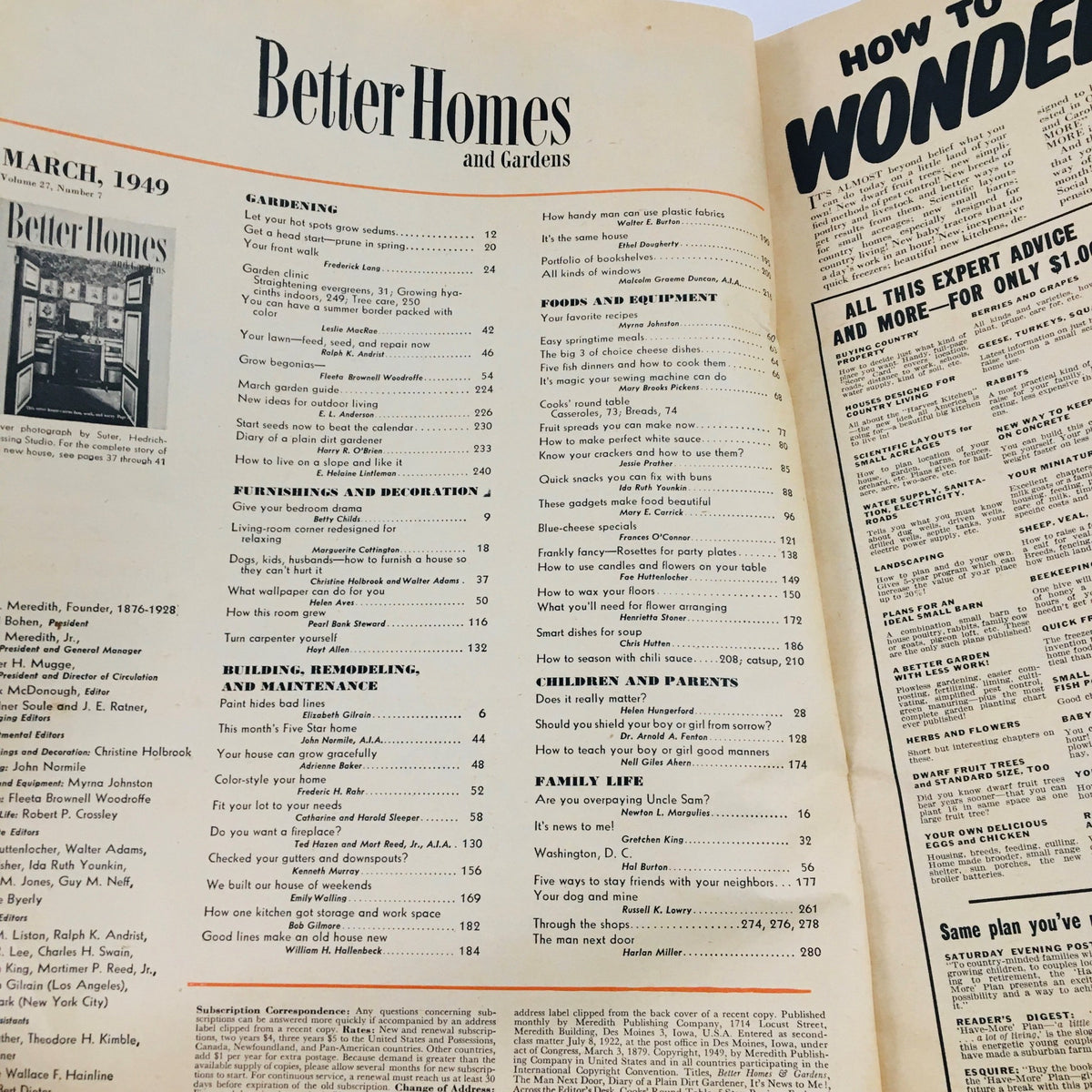 Better Homes & Gardens Magazine March 1949 showing the inside pages with the table of contents, featuring topics on gardening, furnishings, and maintaining homes unique to the 1940s.