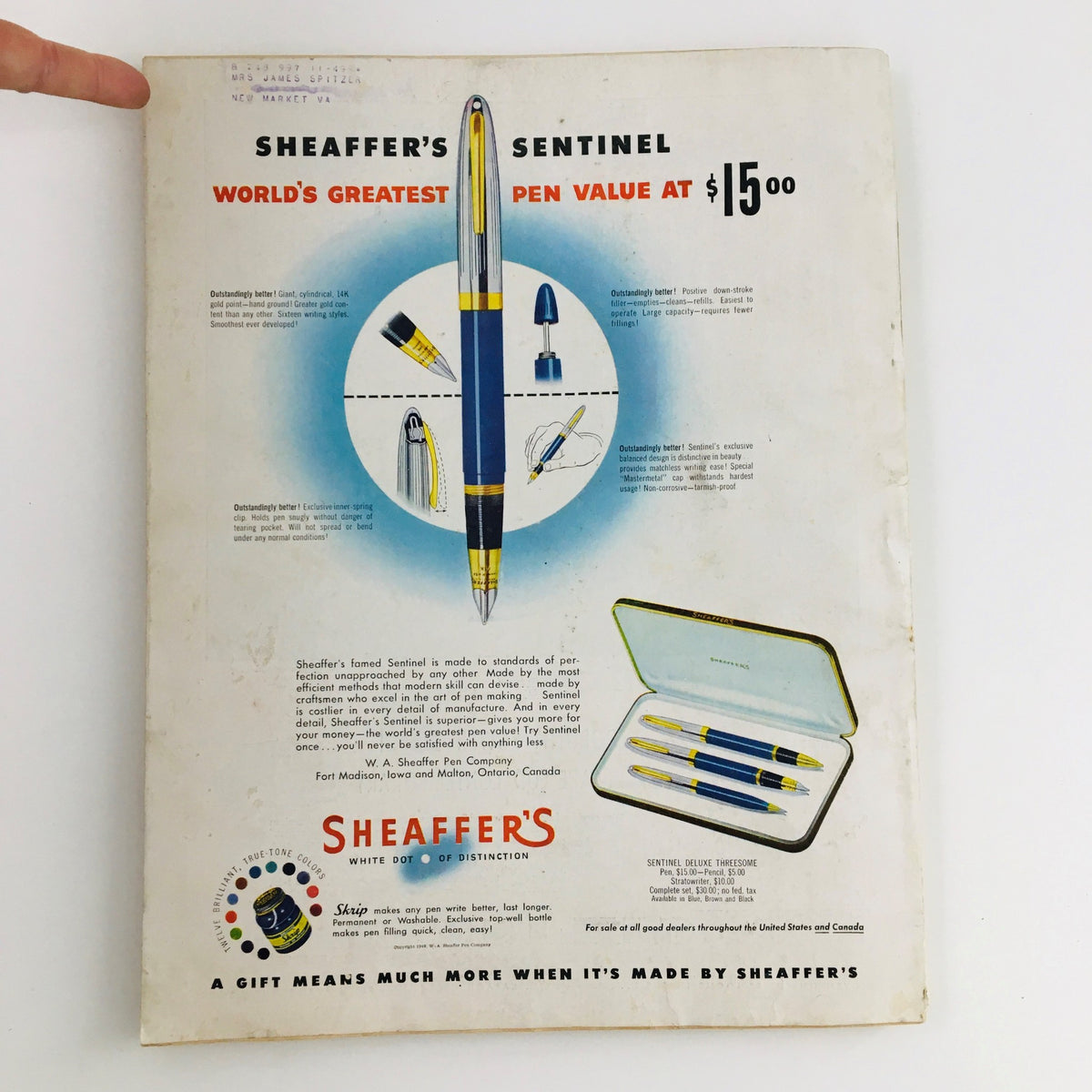 Better Homes & Gardens Magazine March 1949 back cover showcasing a vintage advertisement for Sheaffer’s Sentinel pen, highlighting its features and promoting the pen's quality and value.