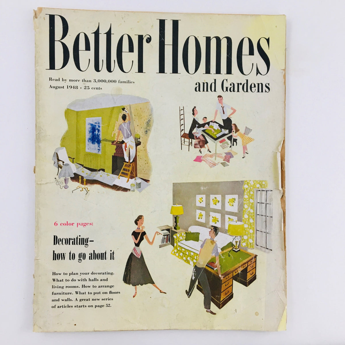 Cover of Better Homes & Gardens Magazine, August 1948, featuring colorful illustrations related to home decorating and tips. Includes text on planning decor and arranging furniture, capturing mid-20th century design aesthetics.