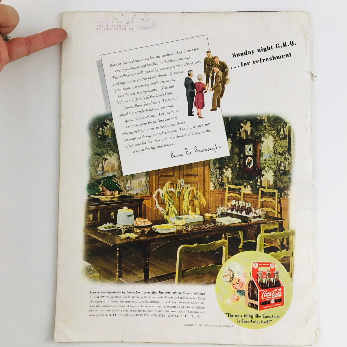 Back cover of Better Homes & Gardens Magazine, April 1943 edition featuring a vintage dining scene with a set table, decorative elements, and a Coca-Cola advertisement, emphasizing home decor tips and vintage design ideas.