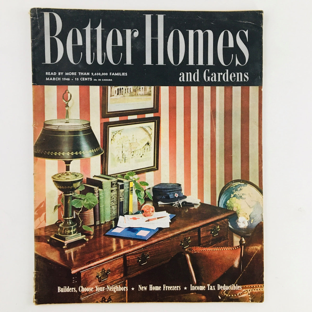 Better Homes & Gardens Magazine March 1946 cover featuring a vintage home interior with a desk, lamp, and books.