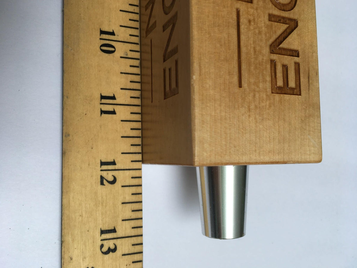 Close-up of the base of the Vintage Samuel Adams New England IPA 13" Beer Tap Handle with a ruler highlighting the tap's attachment end.