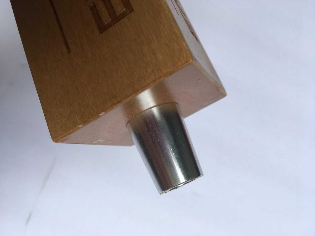 View of the top of the Vintage Samuel Adams New England IPA 13" Beer Tap Handle with a polished metal tap spout.
