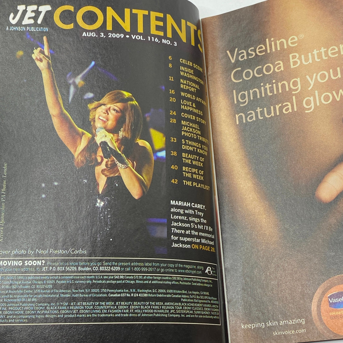 Jet Magazine August 3, 2009 Table of Contents page, highlighting features including Mariah Carey and a tribute to Michael Jackson.