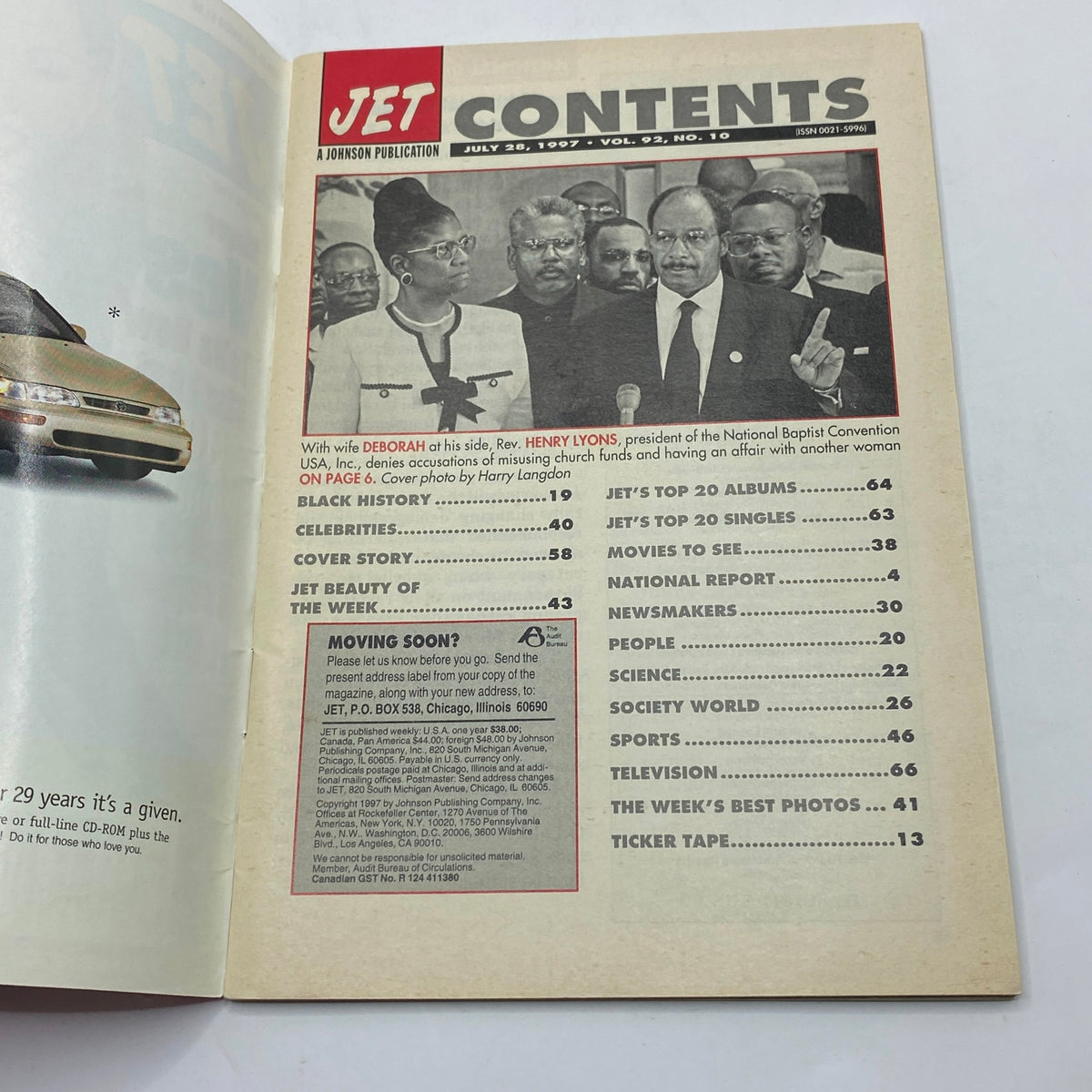 Contents page of Jet Magazine July 28, 1997, featuring articles including a coverage on Rev. Henry Lyons and various trending topics of the time.